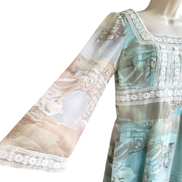 Vintage 70s/80s handmade long sleeve maxi dress with Greek Santorini Print - Picture 3 of 12